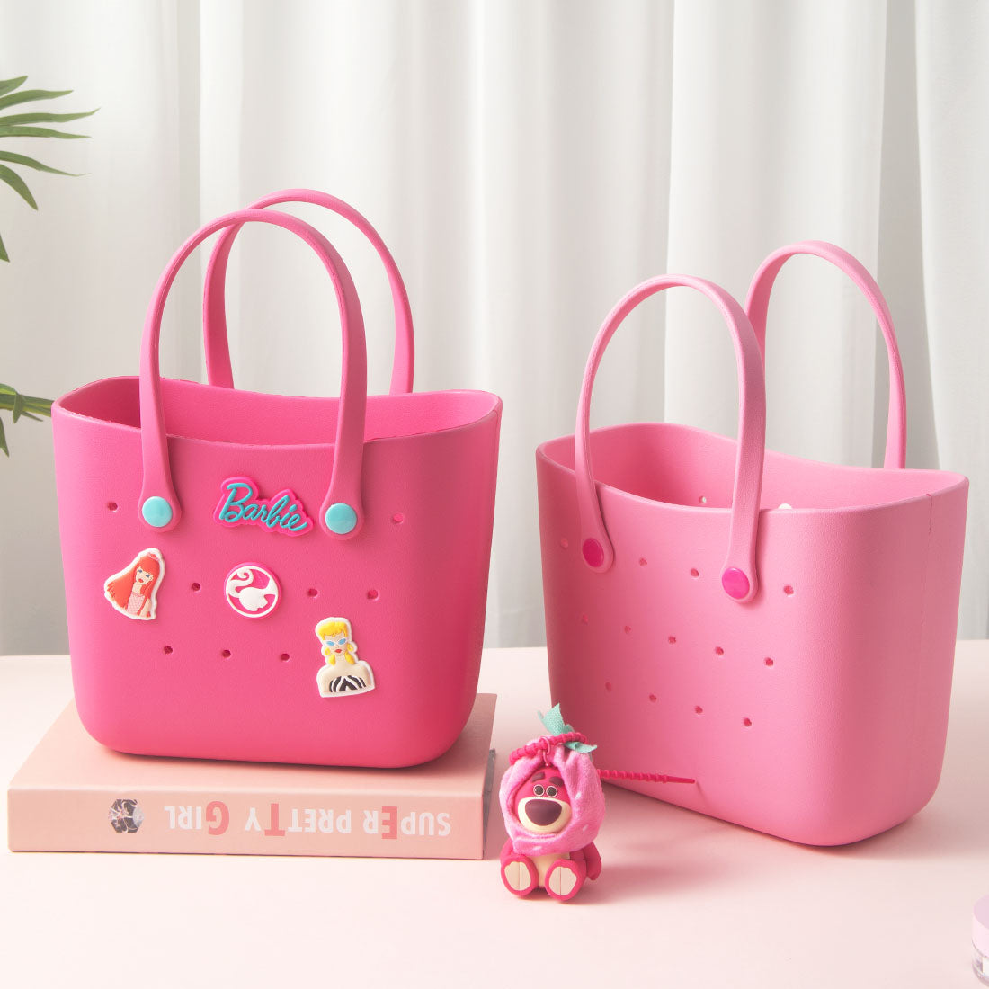 MINISO Barbie Pink Silicone Tote Bag with Princess Charms