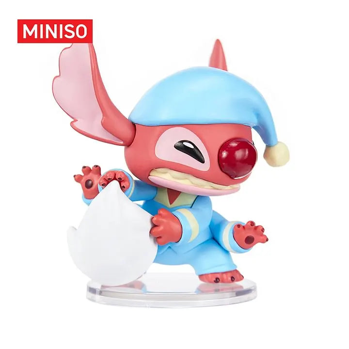 Disney Stitch Pillow Fight Series Figure Blind Box lineup displayed in a playful bedroom pillow fight scene.
