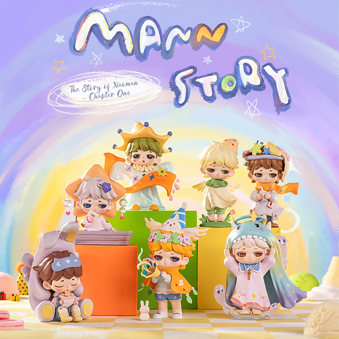 Group image of MANN STORY Imaginative Me Series creative display figures in a dreamy pastel fantasy setting.