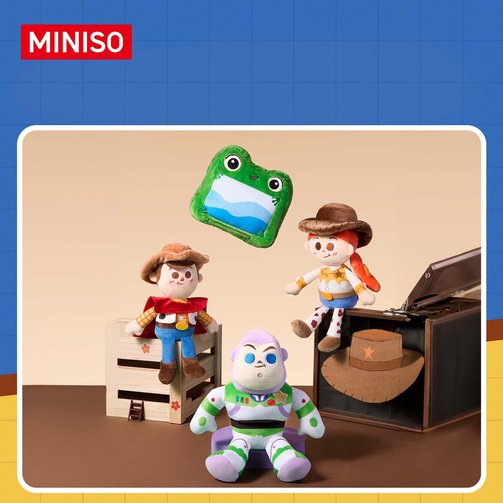 Buzz Lightyear plush doll from the MINISO Disney Pixar Toy Story No. 8 series displayed with other Toy Story plush characters.