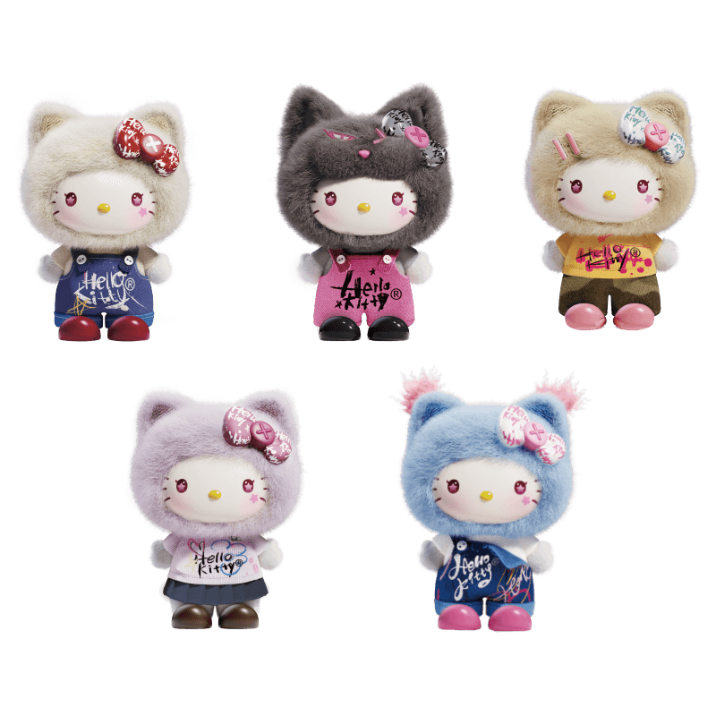 Hello Kitty graffiti series vinyl plush blind box lineup with regular styles and secret edition.