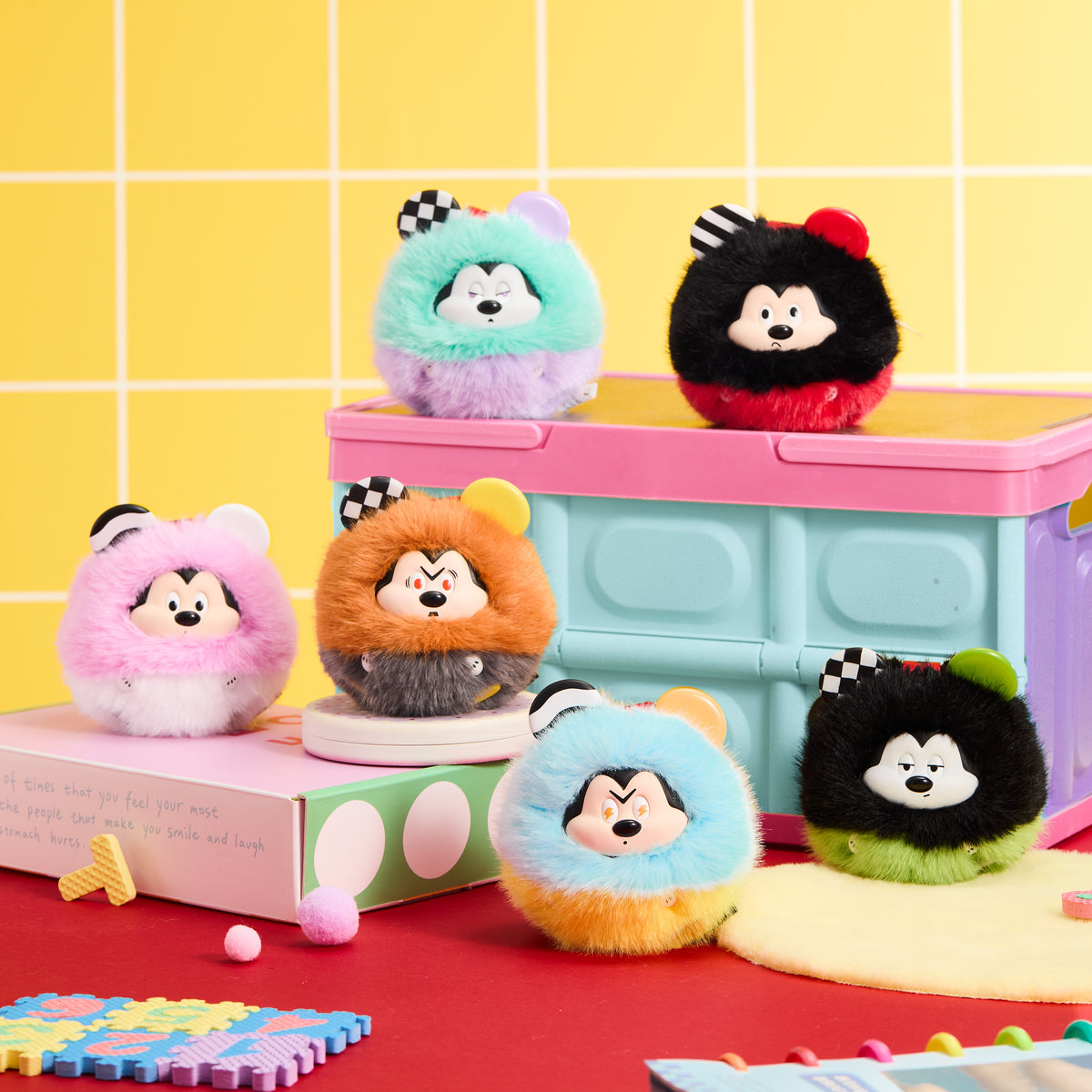 MINISO Disney Mickey Fun Crash Series collection of colorful character blind box keychains displayed together.