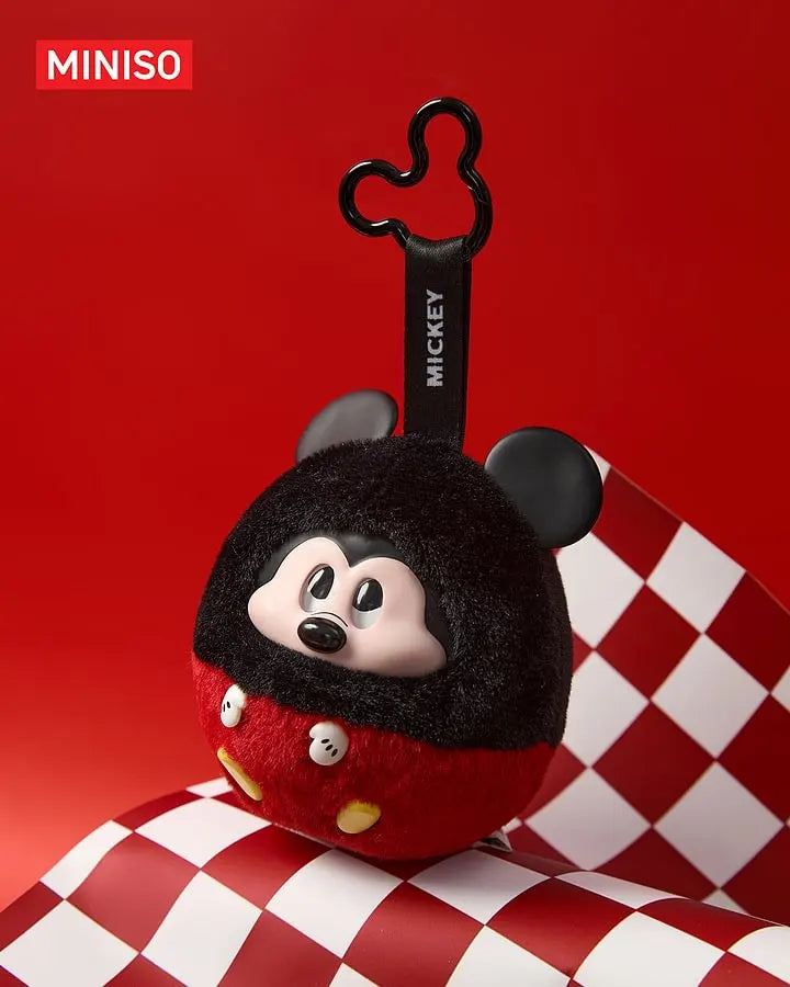 Disney Mickey Fun Crash Series vinyl plush blind box keychain main product image featuring a round Mickey keychain on a red background.