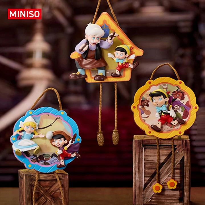 Disney Pinocchio Retro Hanging Rope Series blind box main display featuring multiple vintage hanging ornaments inspired by Pinocchio story scenes.