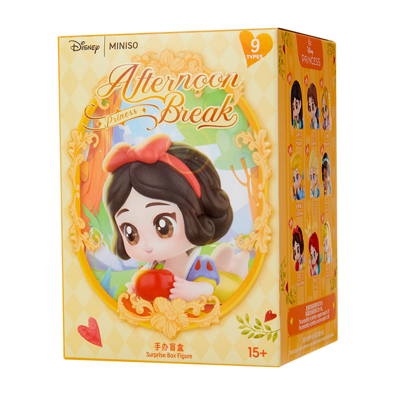 MINISO Disney Princess Afternoon Nap Series blind box packaging featuring Snow White.