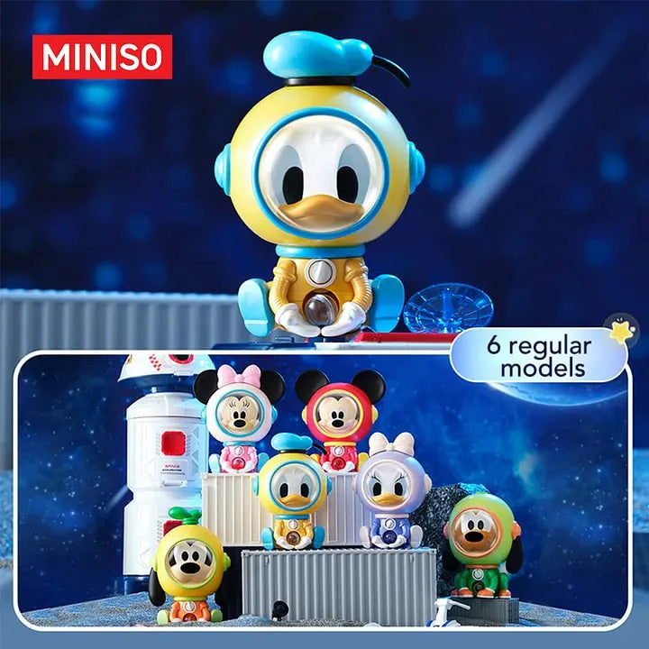 Disney Space Mini Capsule Machine Series blind box figures featuring Donald, Mickey, Minnie, Daisy, Goofy, and Pluto in astronaut suits.
