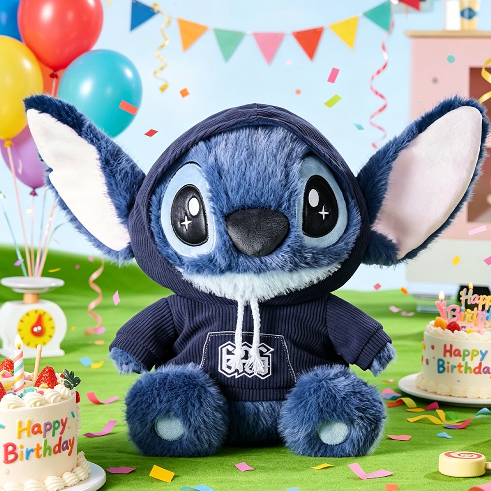 MINISO Disney Stitch 14-inch hoodie plush sitting in birthday party setting