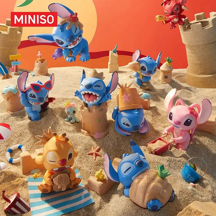 Disney Stitch Where Did Scrump Go Series blind box main display featuring Stitch and friends in a sandy beach adventure scene.