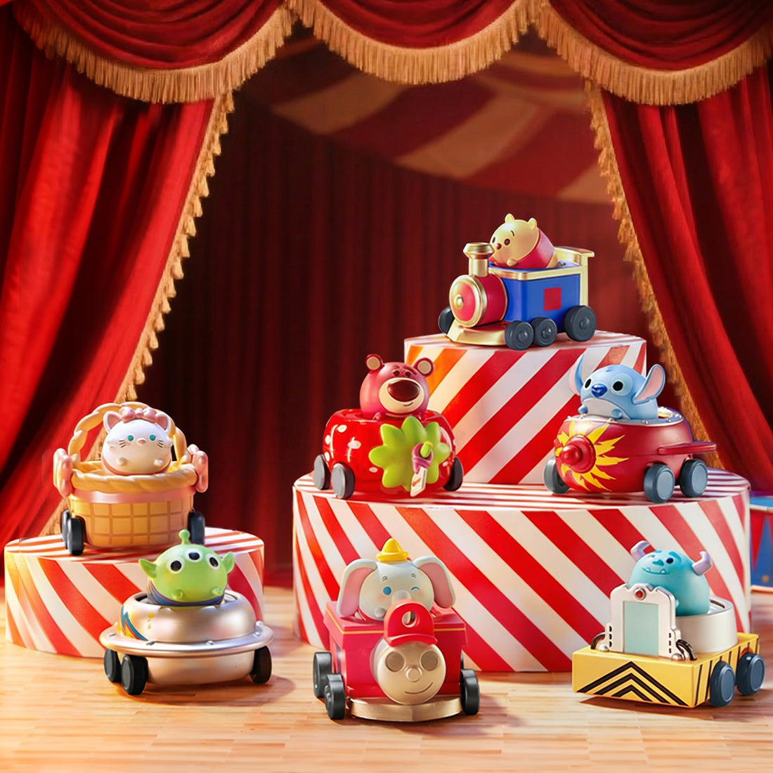 Disney Tsum Tsum Grand Parade Series blind box figures displayed on a circus parade stage with colorful mini character cars.