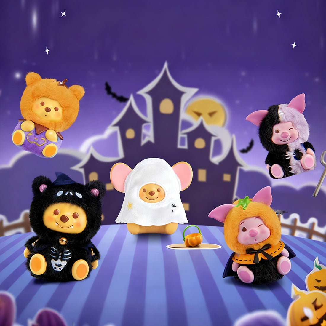 Disney Winnie the Pooh Pumpkin Spooky Night fluffy blind box figure main image featuring Pooh, Piglet, and Halloween-themed character designs.