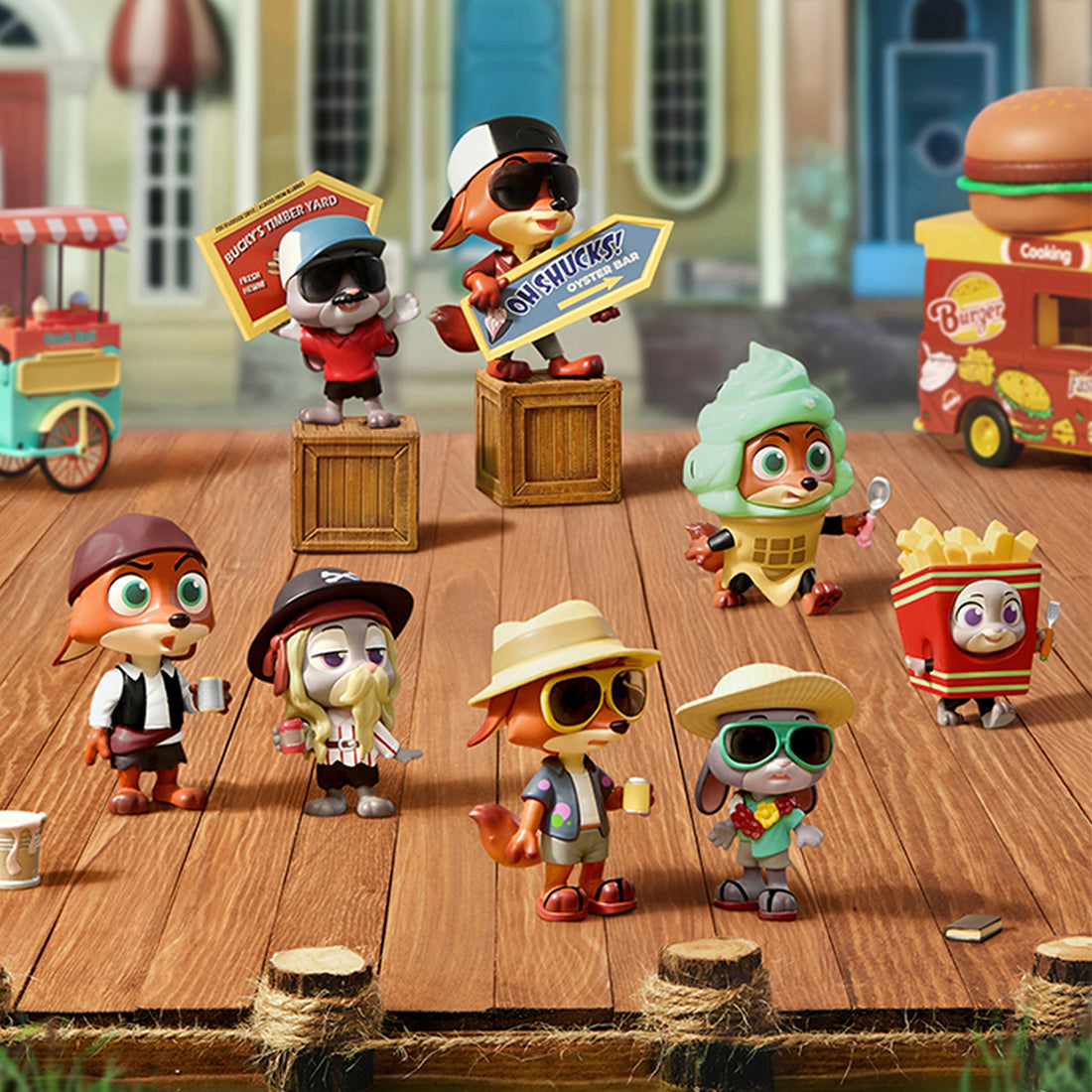 Disney Zootopia Disguise Partner Series figure blind box main display featuring multiple character duos in themed disguise outfits on a wooden dock scene.