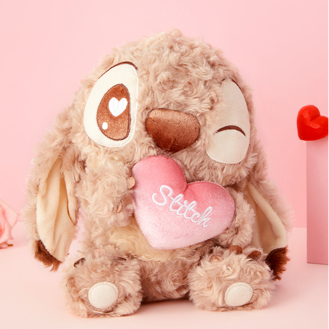 Romantic valentine scene display, chocolate stitch plush with pink heart cushion for girlfriend gift decor