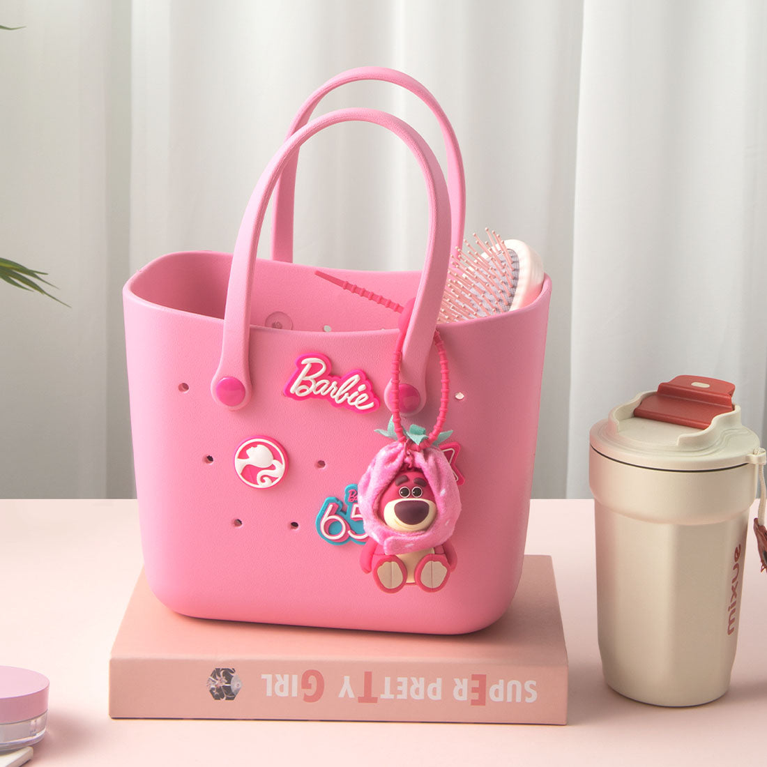 Miniso Barbie pink tote bag paired with coffee cup snd cute pendant