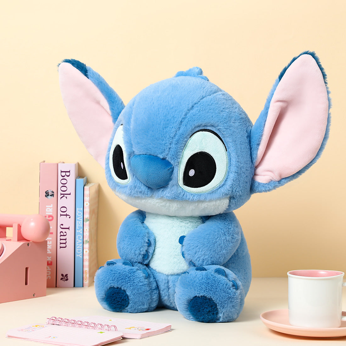 MINISO Disney basic Stitch plush doll sitting on table, front view