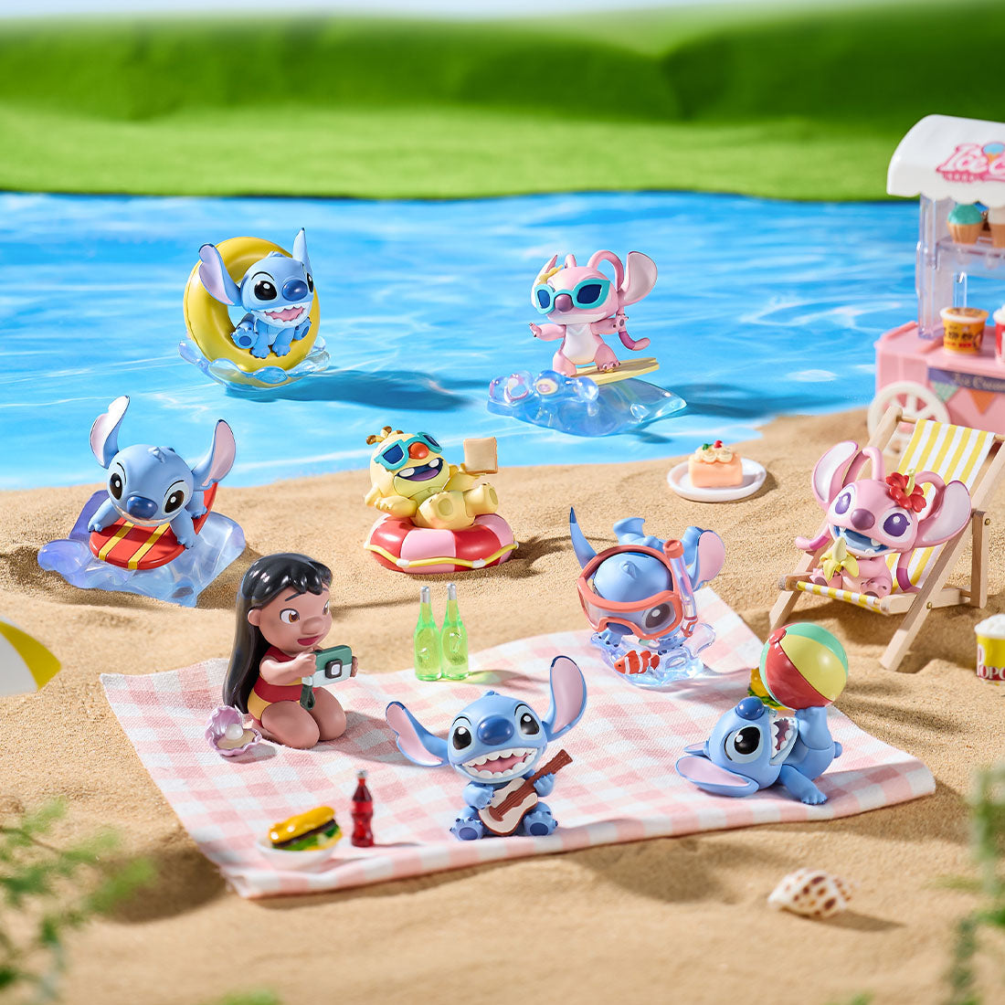 MINISO Disney Stitch summer party full set figurines group beach scene display