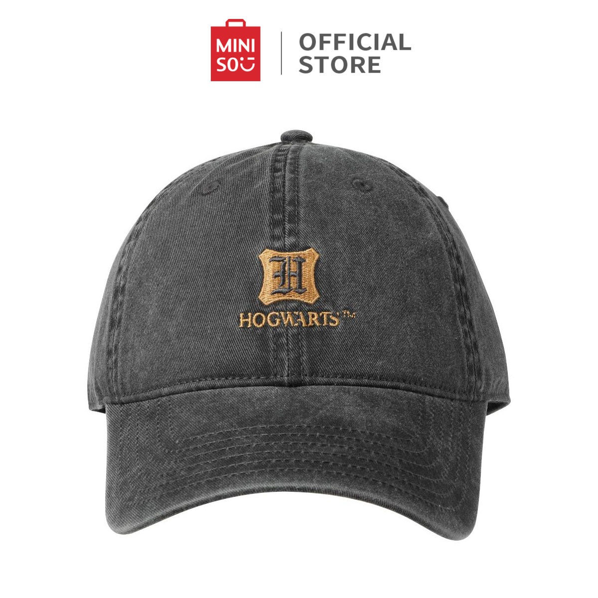 MiNISO Harry Potter Hogwarts washed baseball cap with embroidered Hogwarts logo on white background