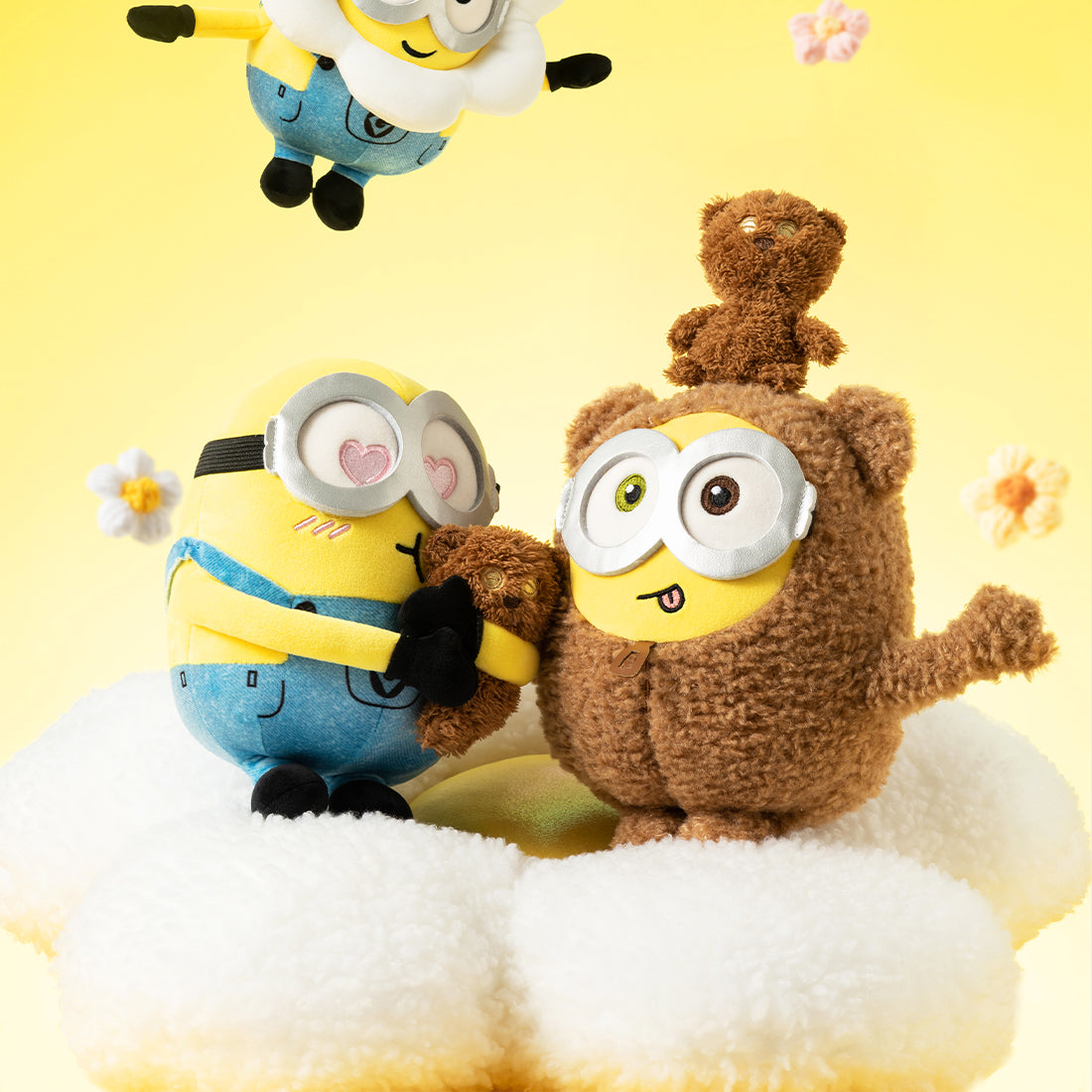 MINISO Minions Bob and Tim 11-inch plush toy in a fluffy brown bear costume displayed in a cozy room