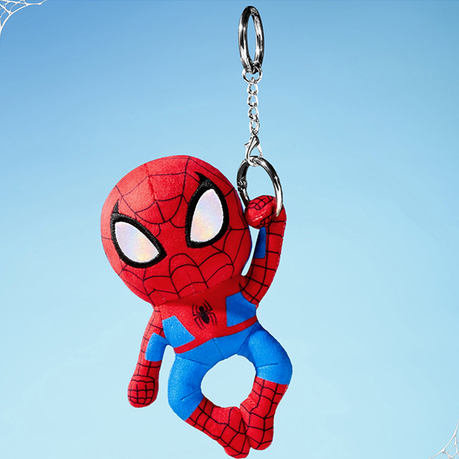 MINISO Spider-Man plush keychain front view with metal keyring