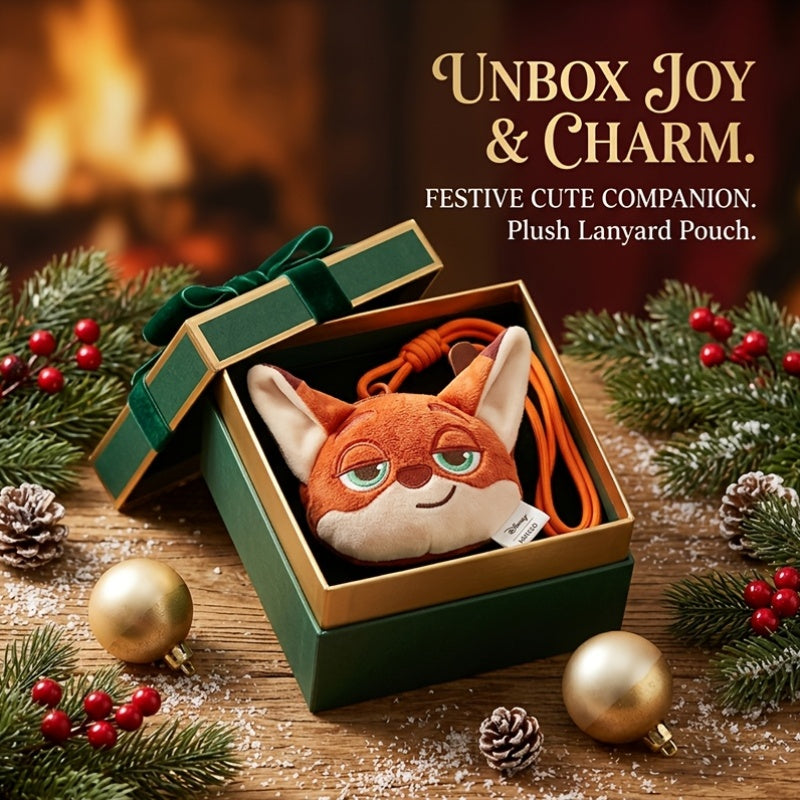 MINISO Disney Series Nick Wilde plush coin purse displayed inside festive gift box for holiday gift