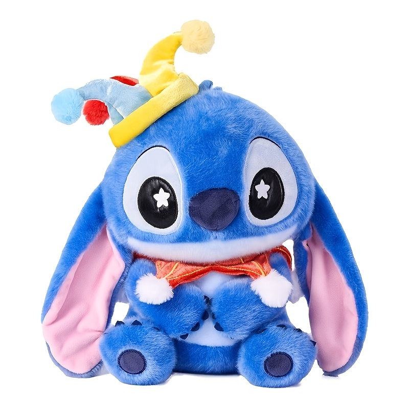 White background product shot of MINISO Stitch plush doll wearing colorful jester party hat