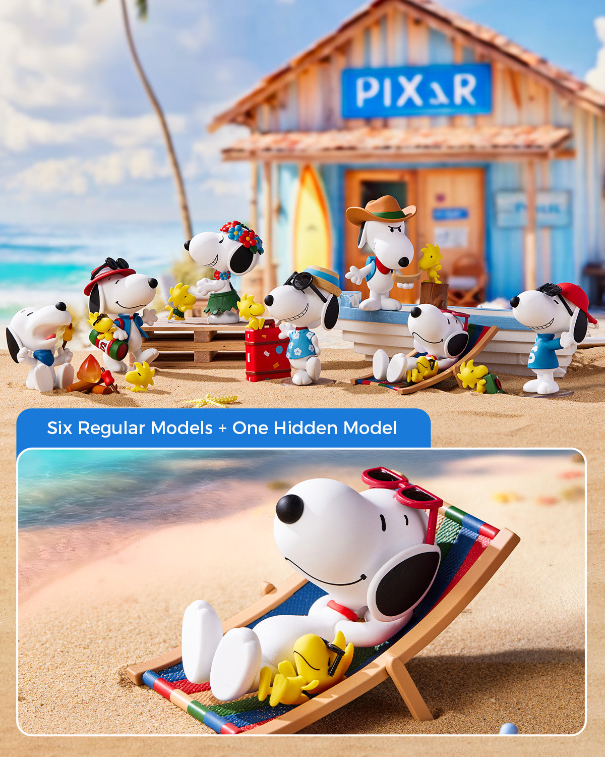 MINISO Peanuts Snoopy Travel Buddy Series blind box figures displayed together on a sunny beach with a seaside travel theme.
