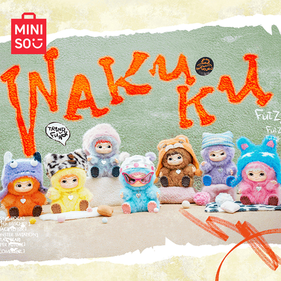 WAKUKU Fuzzy Trend Party Series vinyl plush blind box main visual featuring the full collection of fuzzy character figures in colorful costume styles.